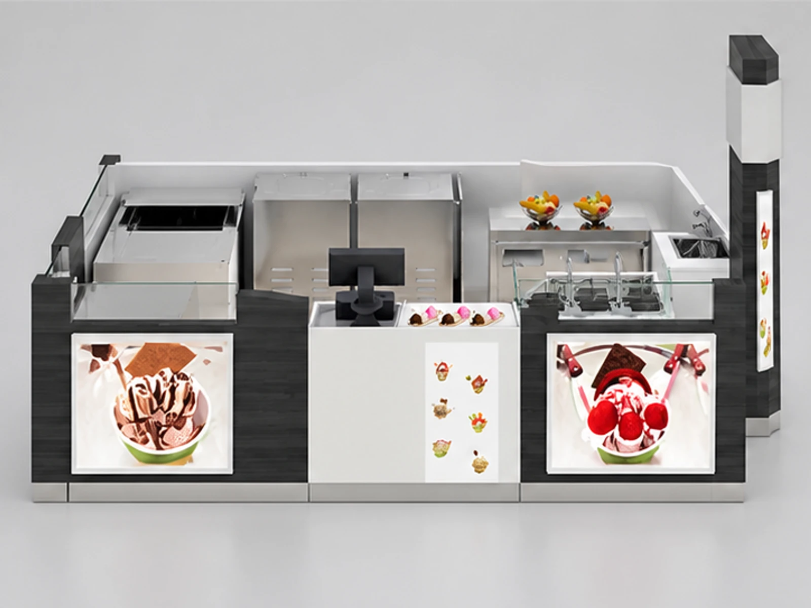 Functional roll ice cream kiosk frozen yogurt booth design used in mall for sale customer-facing service and display view