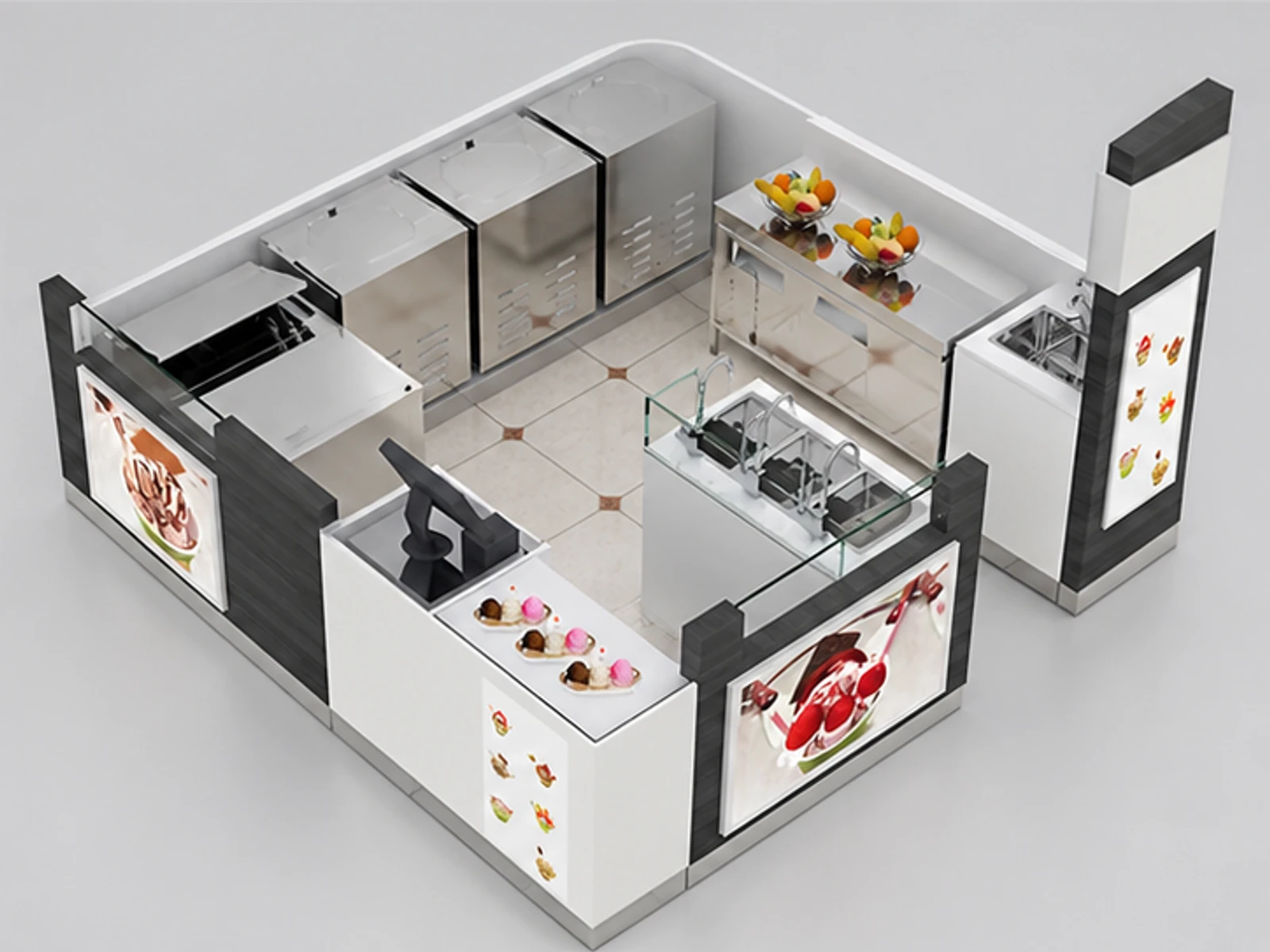 Functional roll ice cream kiosk frozen yogurt booth design used in mall for sale staff-side equipment and storage view