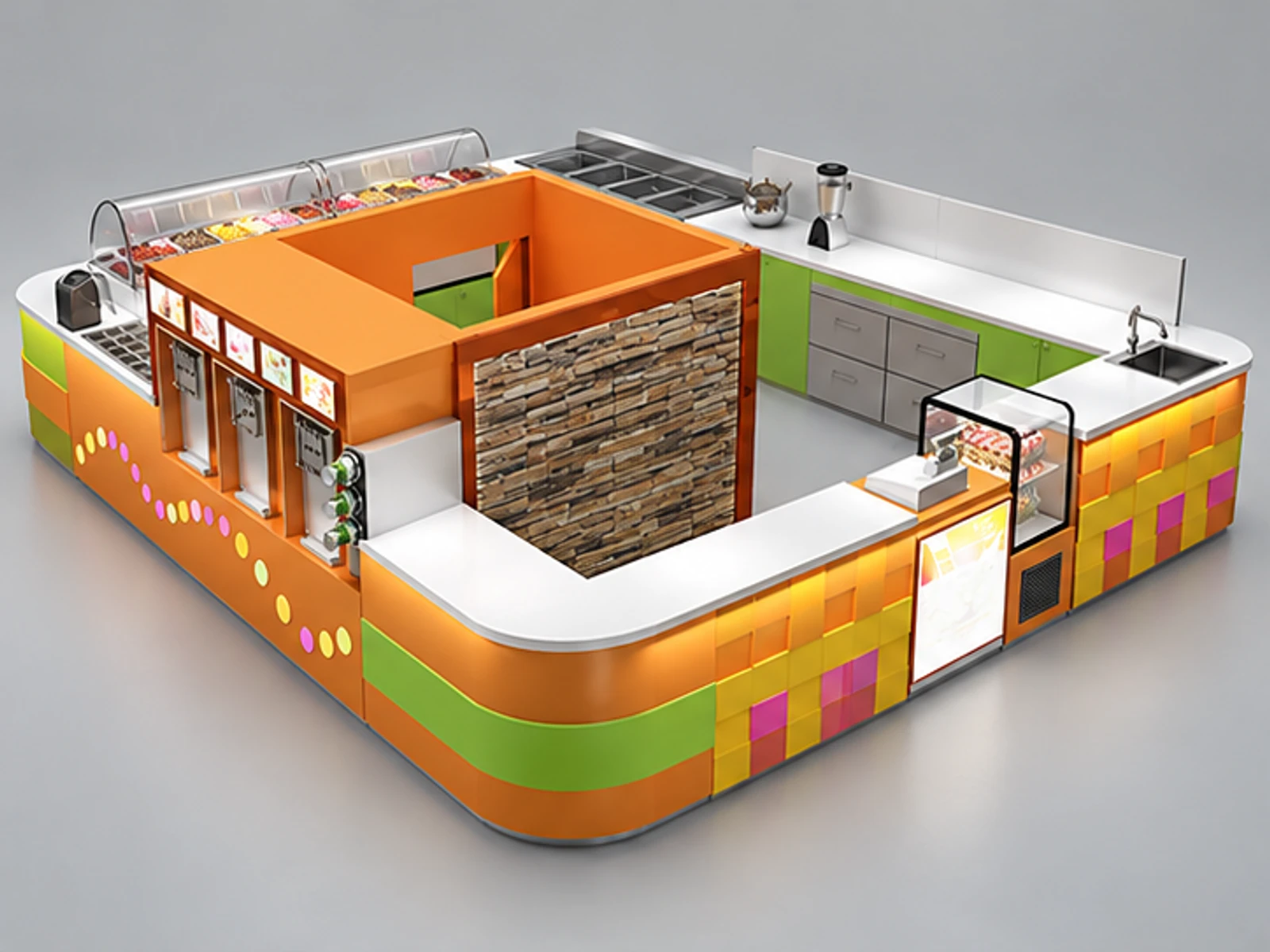 Large size shopping mall yogurt kiosk | custom ice cream display counter main three-quarter view