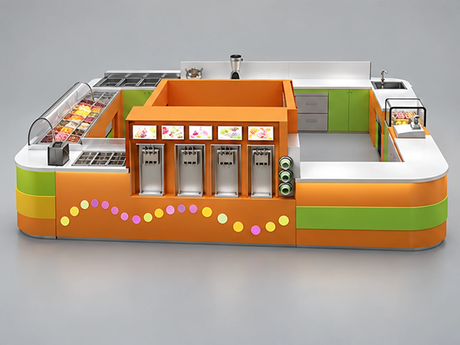 Large size shopping mall yogurt kiosk | custom ice cream display counter customer-facing service and display view