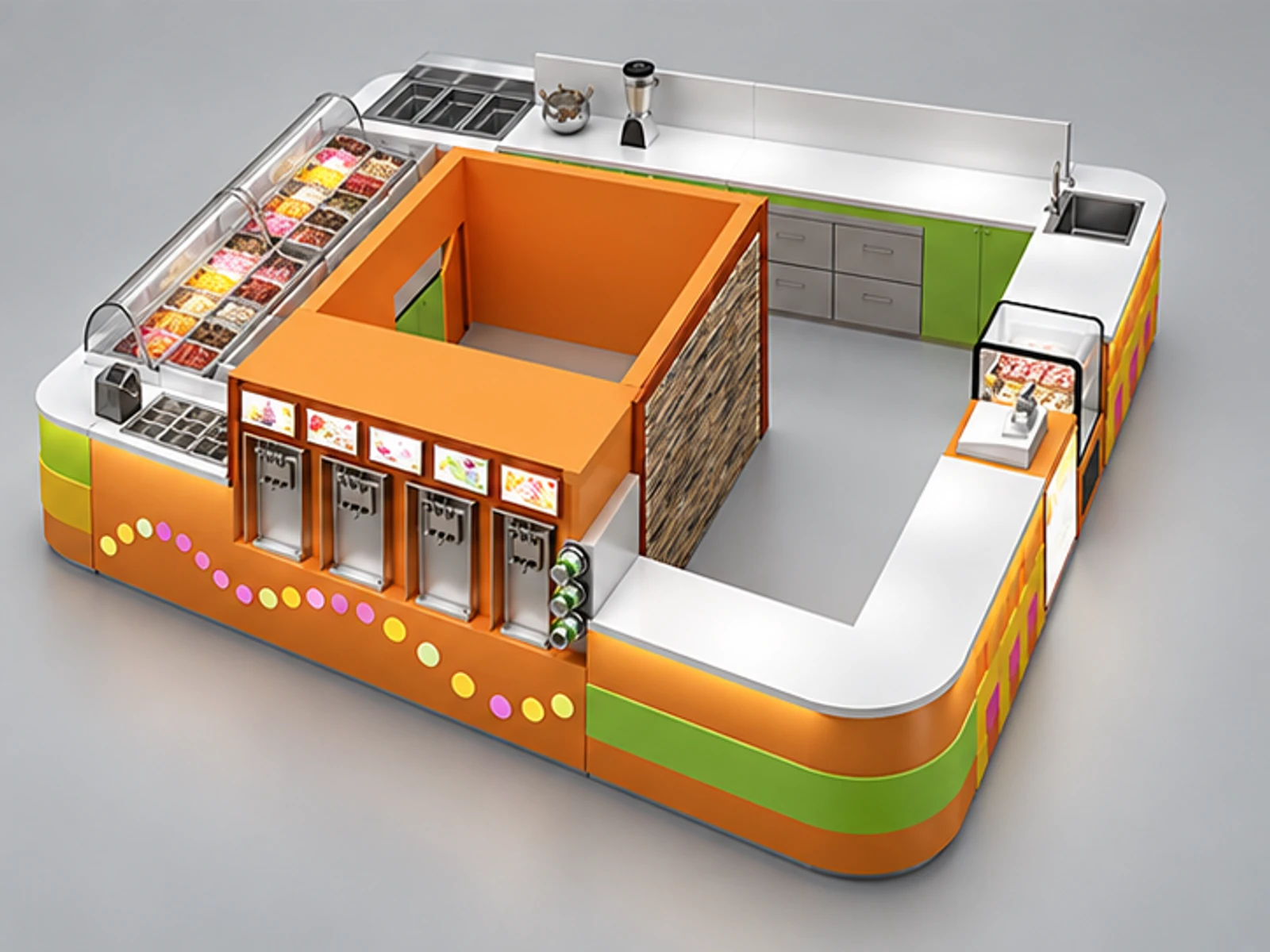 Large size shopping mall yogurt kiosk | custom ice cream display counter staff-side equipment and storage view