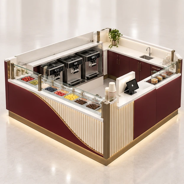 Low-Profile Frozen Yogurt Kiosk with Concealed Storage main three-quarter product rendering