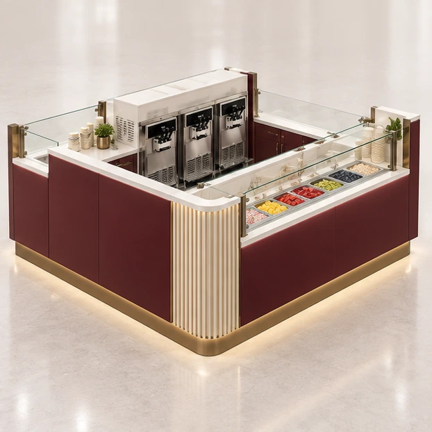 Low-Profile Frozen Yogurt Kiosk with Concealed Storage opposite angle showing its complete footprint and display layout