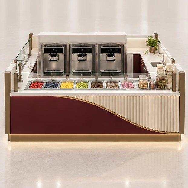 Low-Profile Frozen Yogurt Kiosk with Concealed Storage customer-facing service and display view