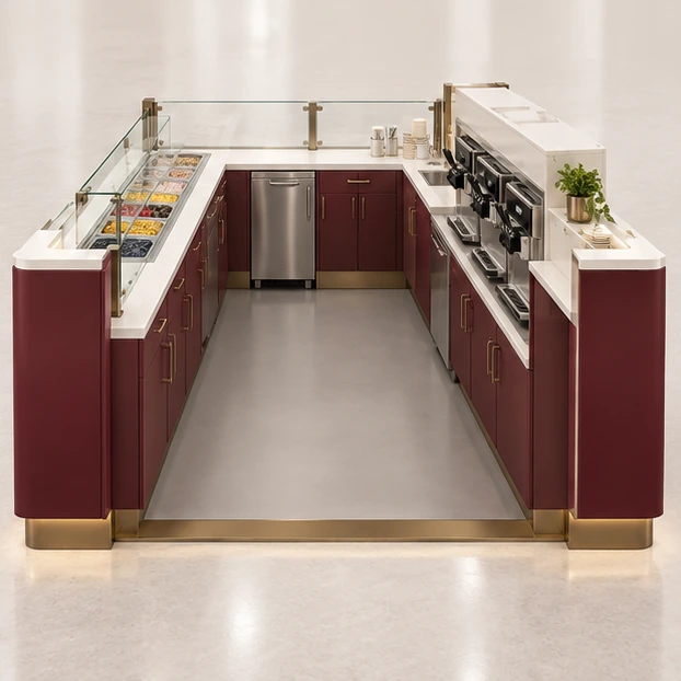 Low-Profile Frozen Yogurt Kiosk with Concealed Storage operator-side equipment, access, and storage view