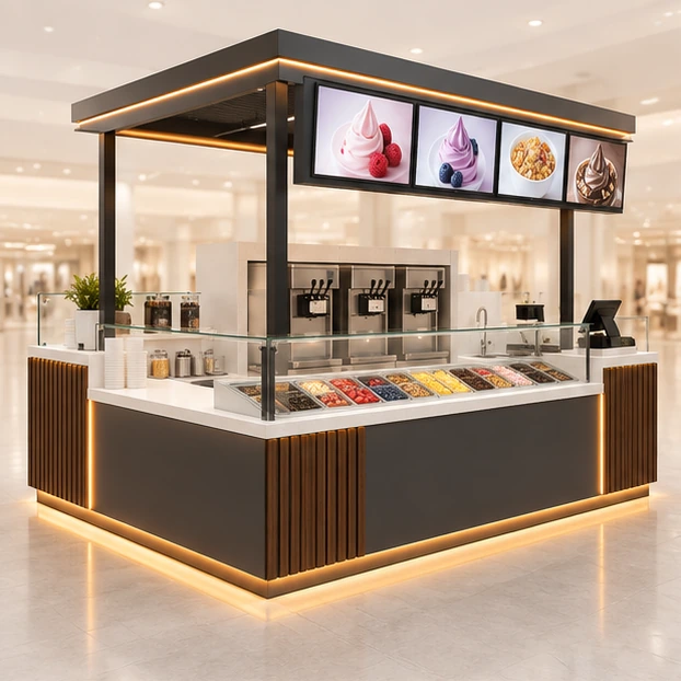 Mall Frozen Yogurt Kiosk with Digital Menu Canopy main three-quarter product rendering