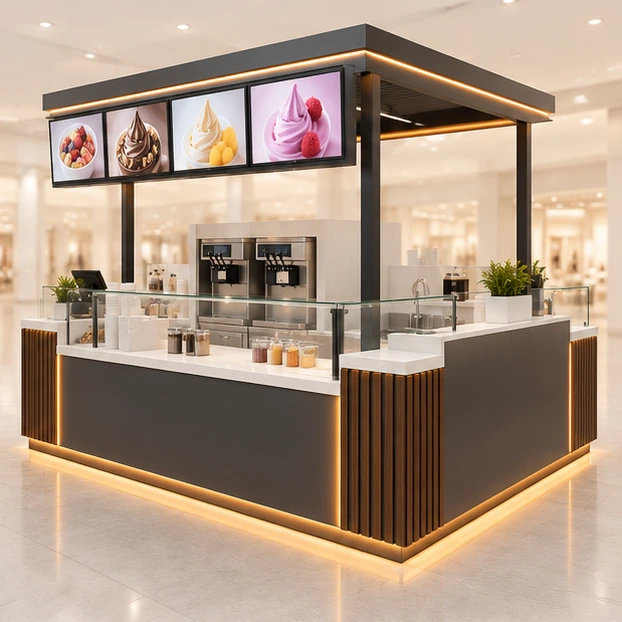Mall Frozen Yogurt Kiosk with Digital Menu Canopy opposite angle showing its complete footprint and display layout