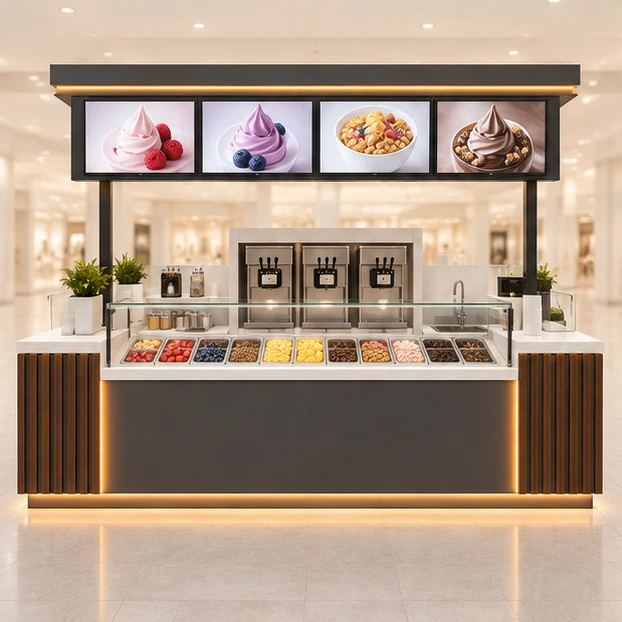 Mall Frozen Yogurt Kiosk with Digital Menu Canopy customer-facing service and display view