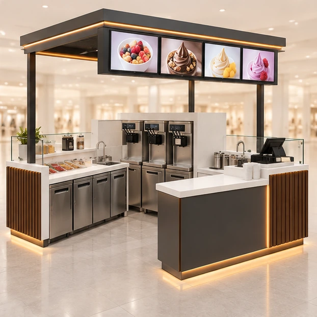 Mall Frozen Yogurt Kiosk with Digital Menu Canopy operator-side equipment, access, and storage view