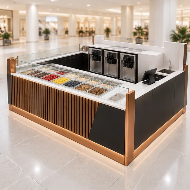 Modular Frozen Yogurt Kiosk with Expandable Machine Bays main three-quarter product rendering