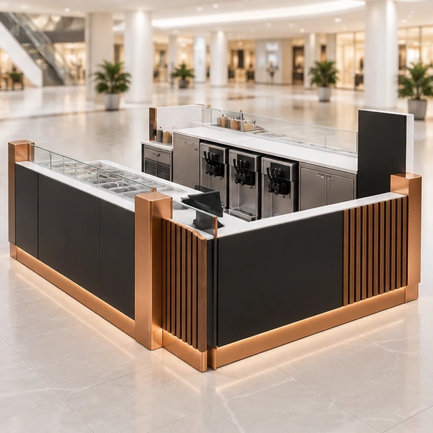 Modular Frozen Yogurt Kiosk with Expandable Machine Bays opposite angle showing its complete footprint and display layout