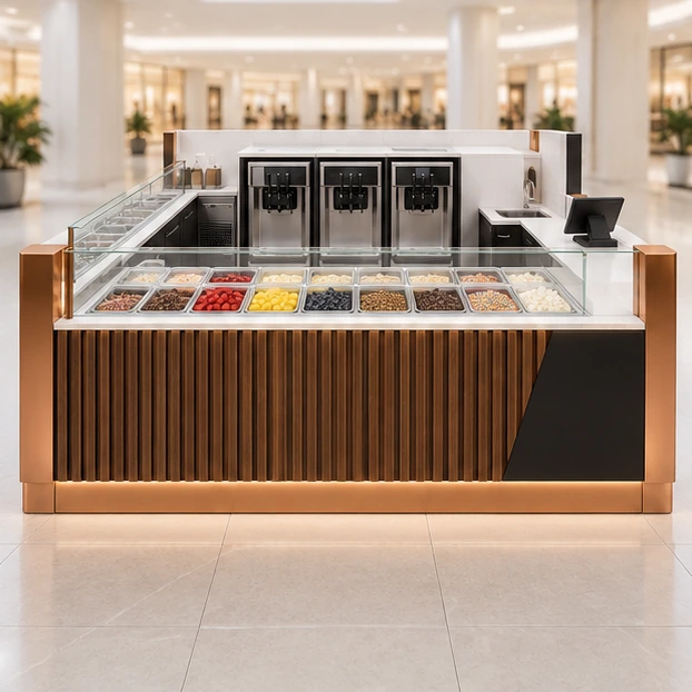 Modular Frozen Yogurt Kiosk with Expandable Machine Bays customer-facing service and display view