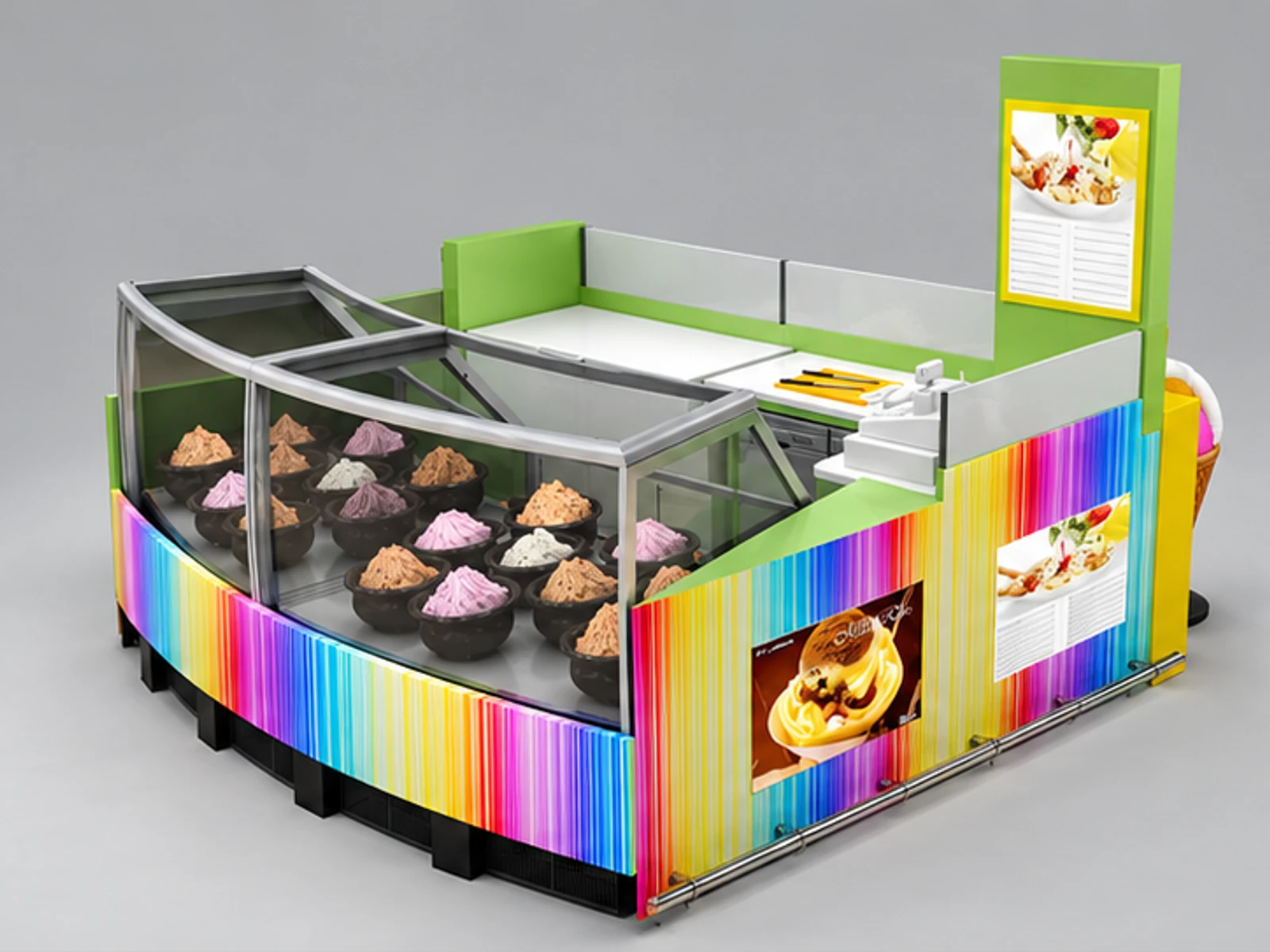 Multicolor yogurt kiosk |beautiful design for mall gelato stand main three-quarter view