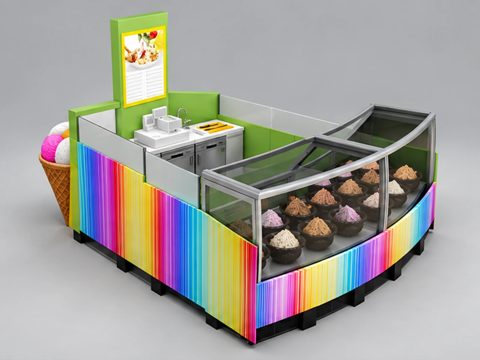 Multicolor yogurt kiosk |beautiful design for mall gelato stand opposite angle and overall footprint