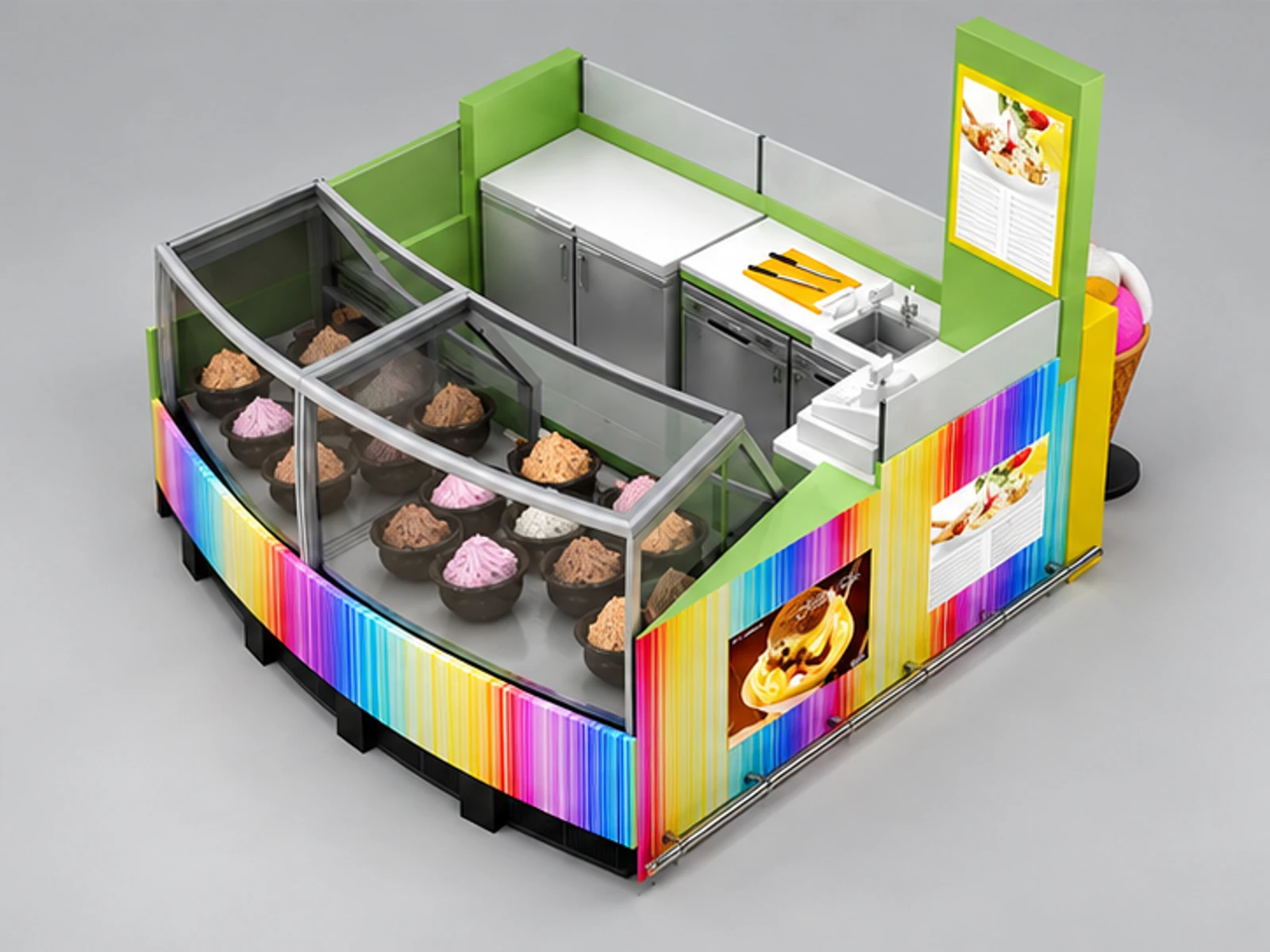Multicolor yogurt kiosk |beautiful design for mall gelato stand staff-side equipment and storage view
