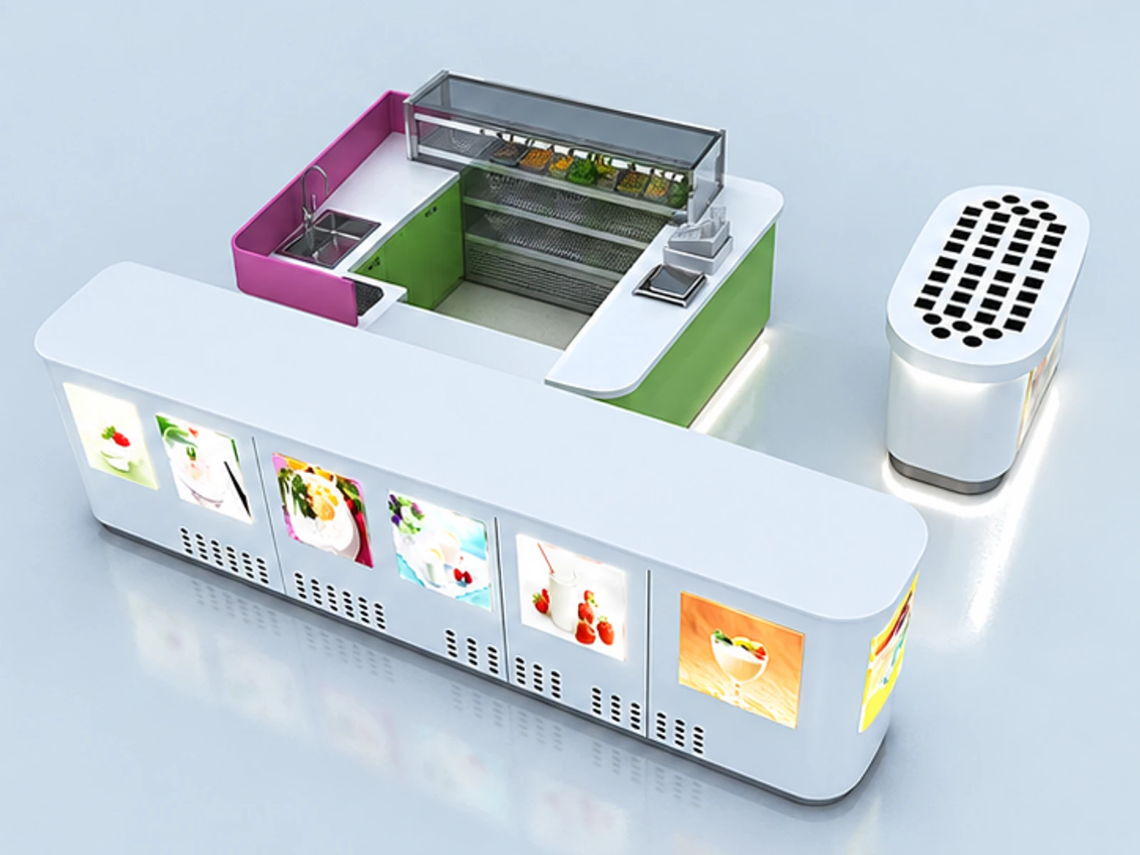New Zealand self serve yogurt cabinet | mall milkshake kiosk staff-side equipment and storage view