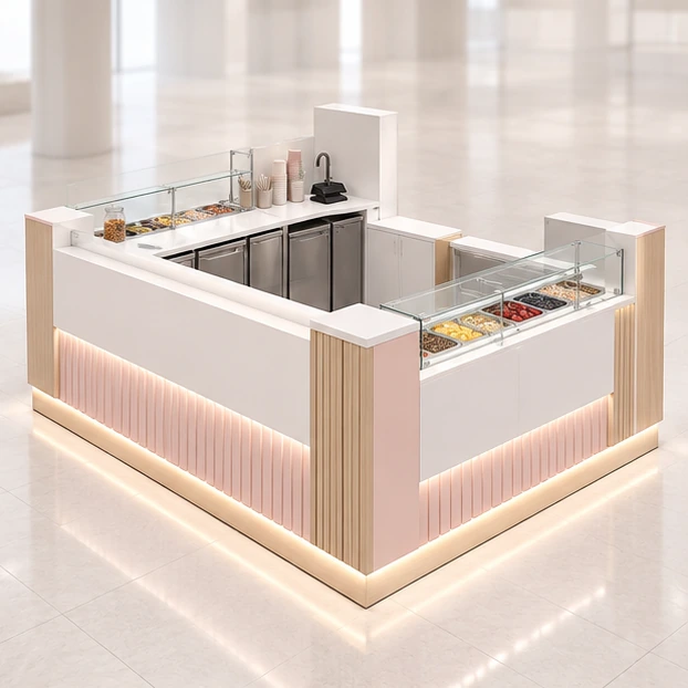 Premium Frozen Yogurt Kiosk with Glass Topping Display opposite angle showing its complete footprint and display layout