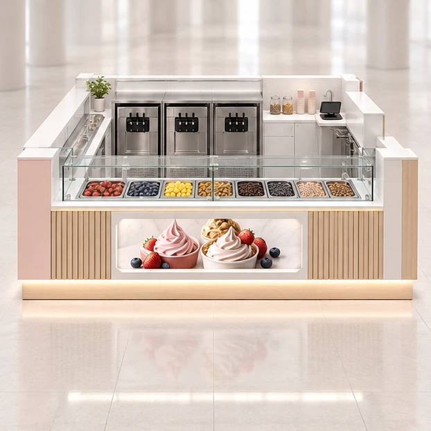 Premium Frozen Yogurt Kiosk with Glass Topping Display customer-facing service and display view