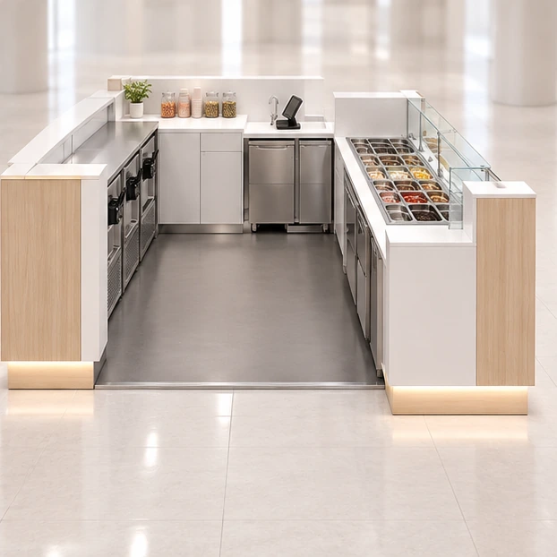 Premium Frozen Yogurt Kiosk with Glass Topping Display operator-side equipment, access, and storage view