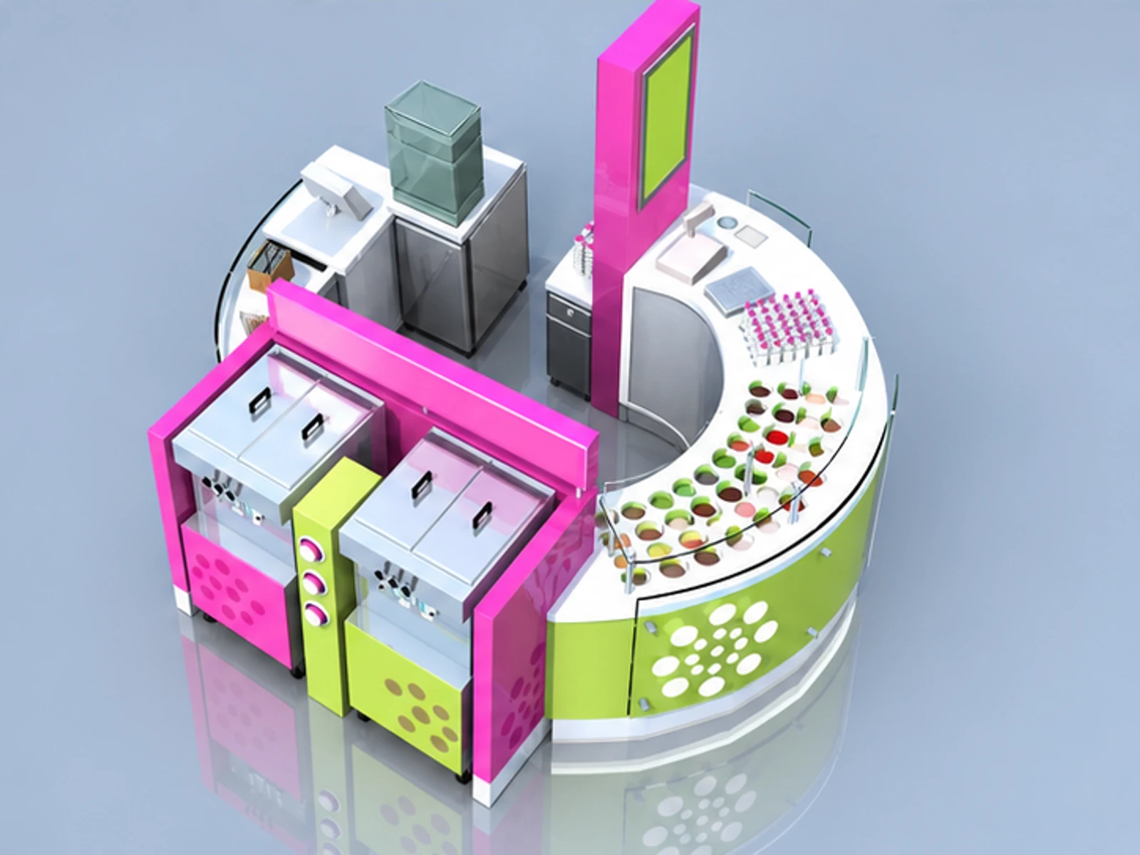 Round Design Fronzen Yogurt Kiosk Booth Counter For Mall staff-side equipment and storage view