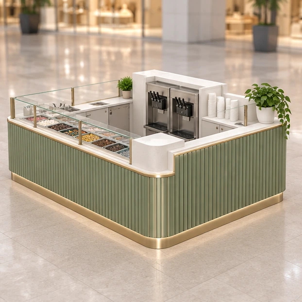 Self-Serve Frozen Yogurt Kiosk with Topping Bar opposite angle showing its complete footprint and display layout