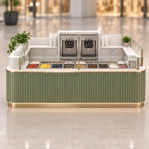 Self-Serve Frozen Yogurt Kiosk with Topping Bar customer-facing service and display view