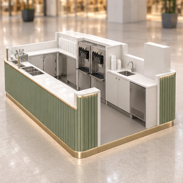 Self-Serve Frozen Yogurt Kiosk with Topping Bar operator-side equipment, access, and storage view