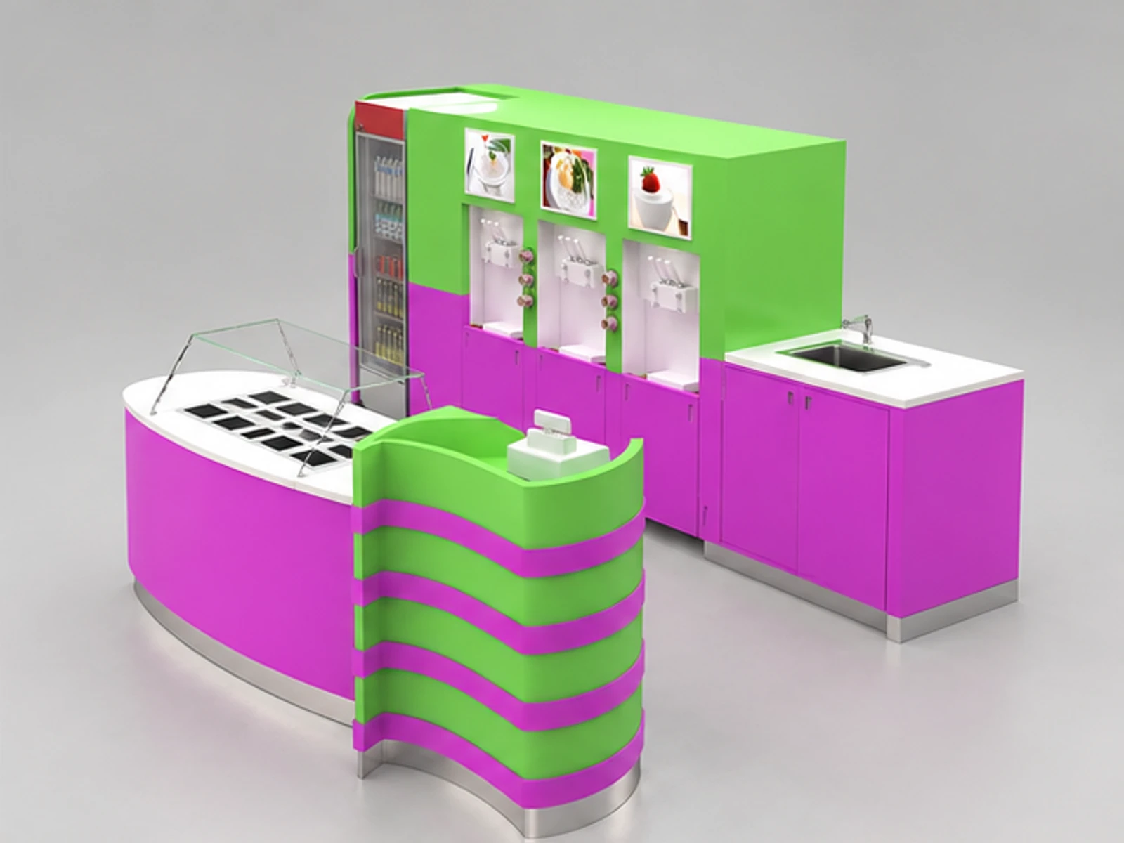 Self-service Yogurt Station Frozen Yogurt Mall Retail Kiosk opposite angle and overall footprint