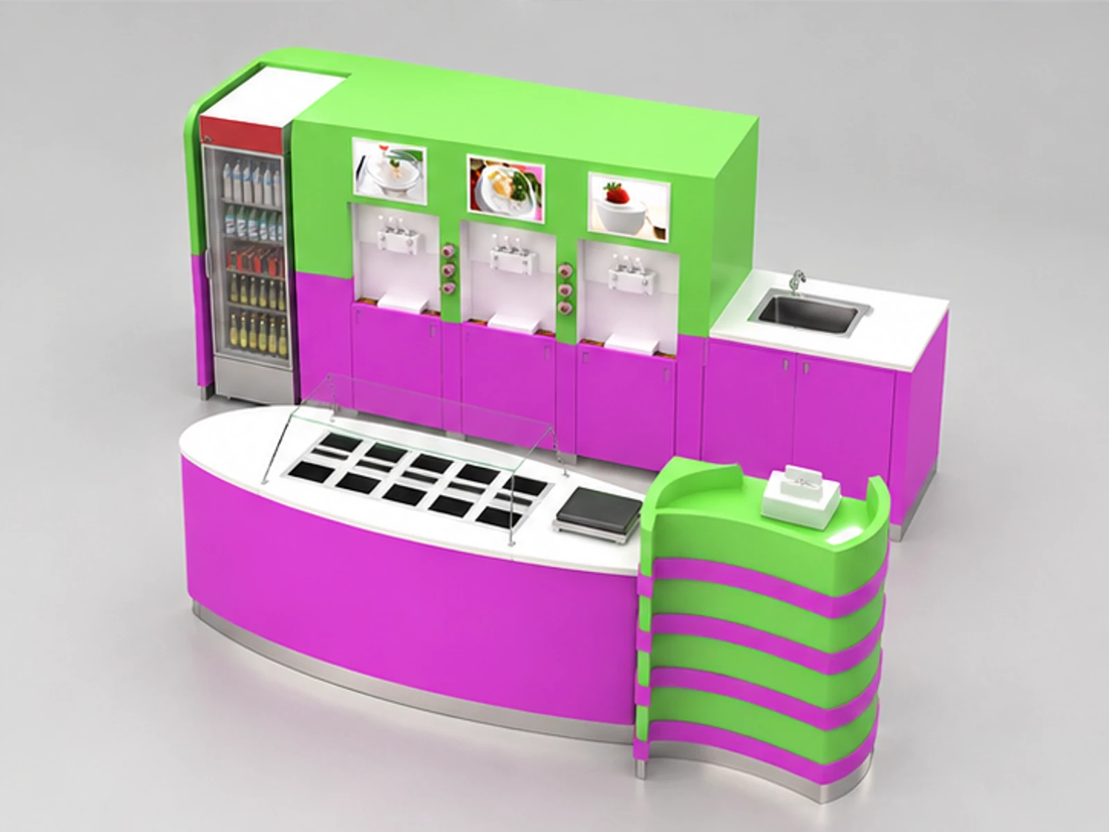 Self-service Yogurt Station Frozen Yogurt Mall Retail Kiosk staff-side equipment and storage view