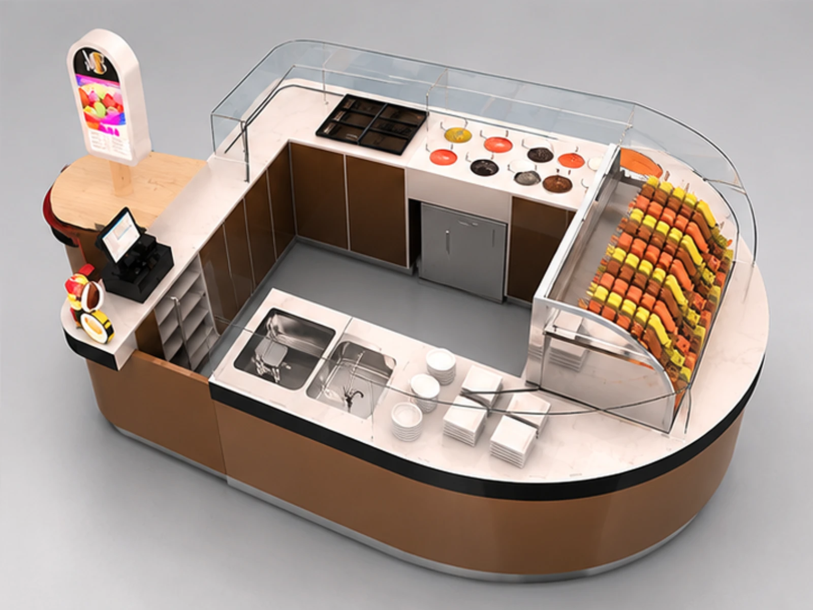 Special shape yogurt stand | popsicles display kiosk staff-side equipment and storage view