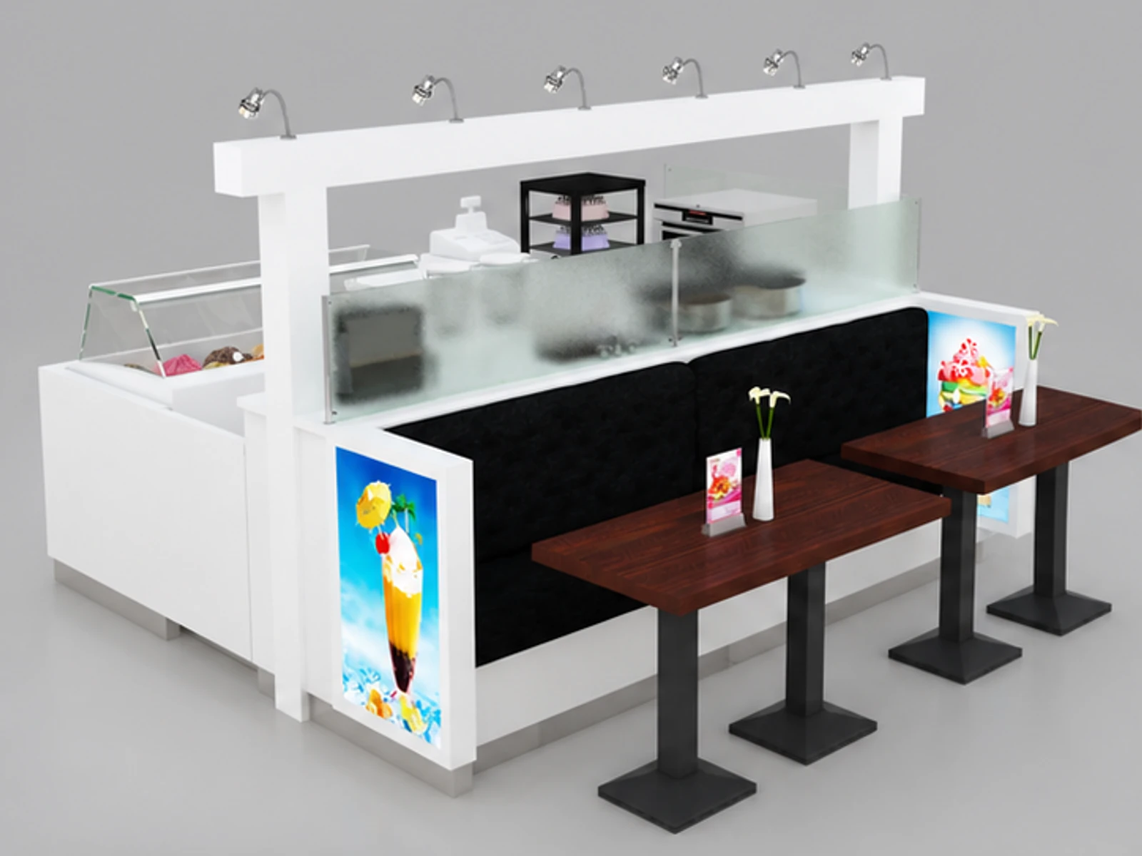 White color milkshakes stand | shopping mall frozen yogurt kiosk for sale main three-quarter view