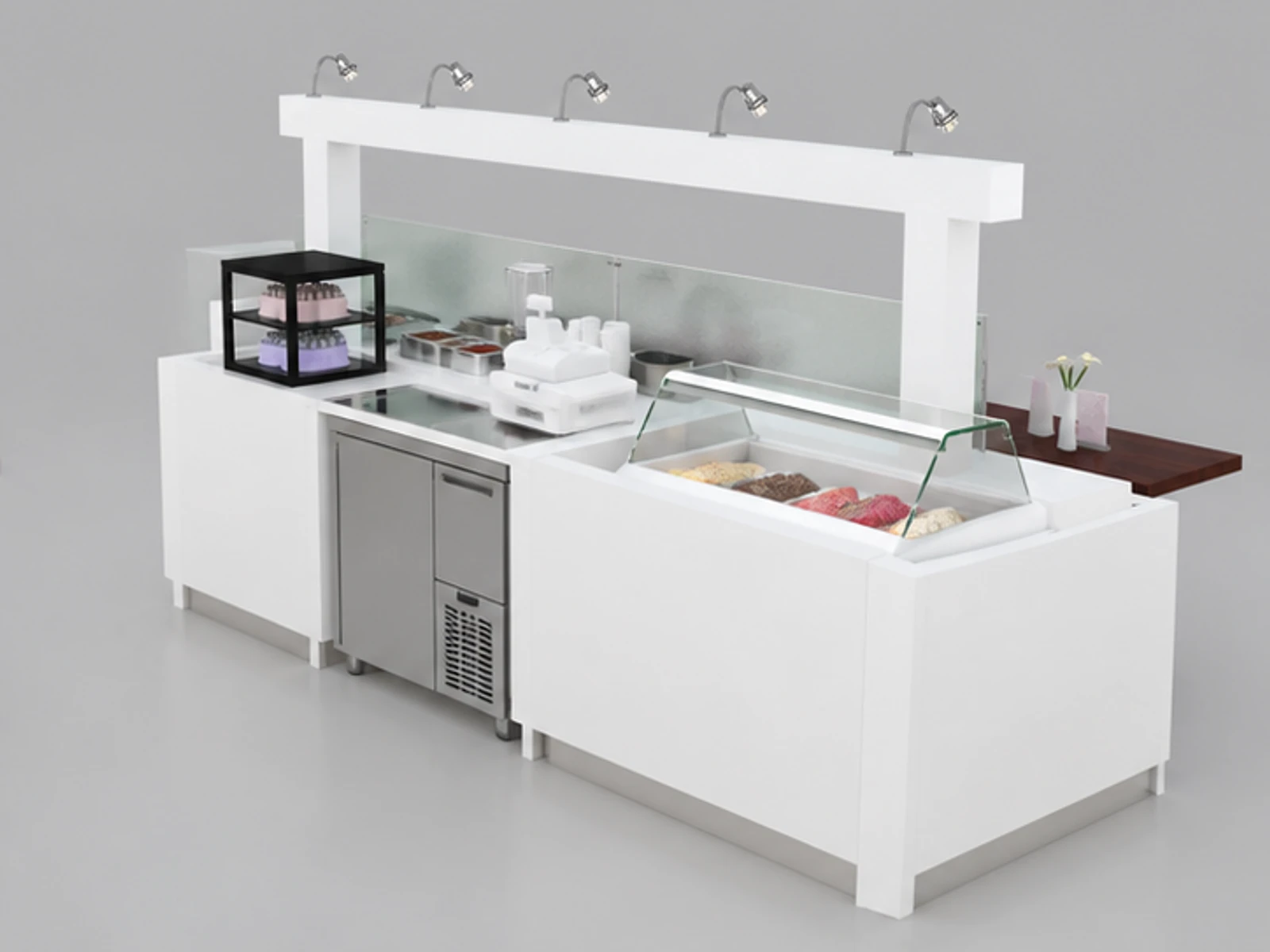 White color milkshakes stand | shopping mall frozen yogurt kiosk for sale opposite angle and overall footprint