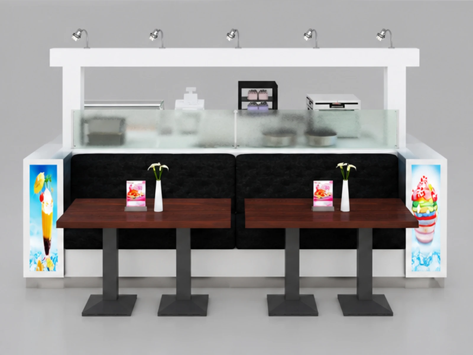 White color milkshakes stand | shopping mall frozen yogurt kiosk for sale customer-facing service and display view