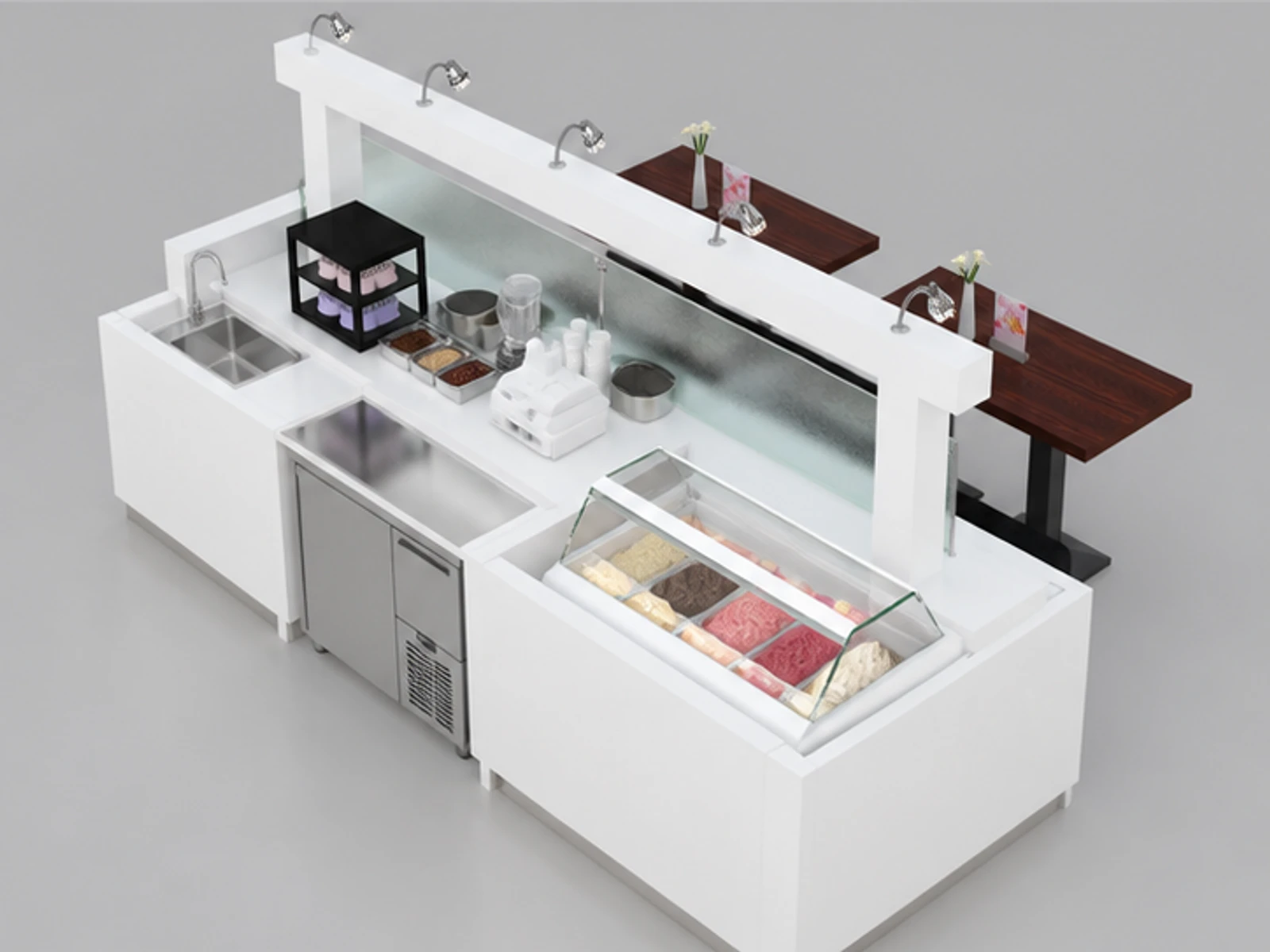 White color milkshakes stand | shopping mall frozen yogurt kiosk for sale staff-side equipment and storage view
