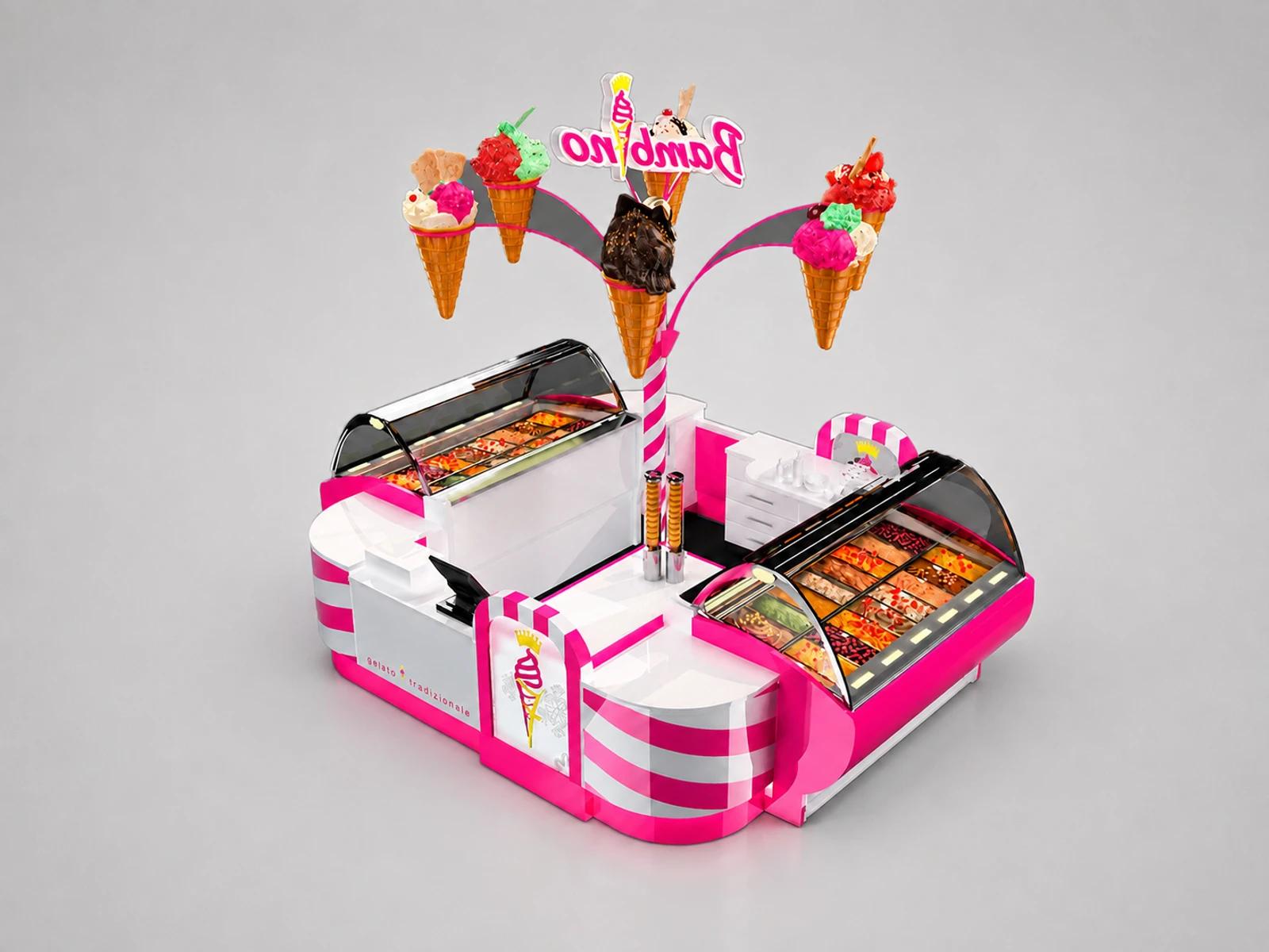 2.5m by 2m fancy ice cream display kiosk frozen yogurt booth used in mall — overall kiosk design