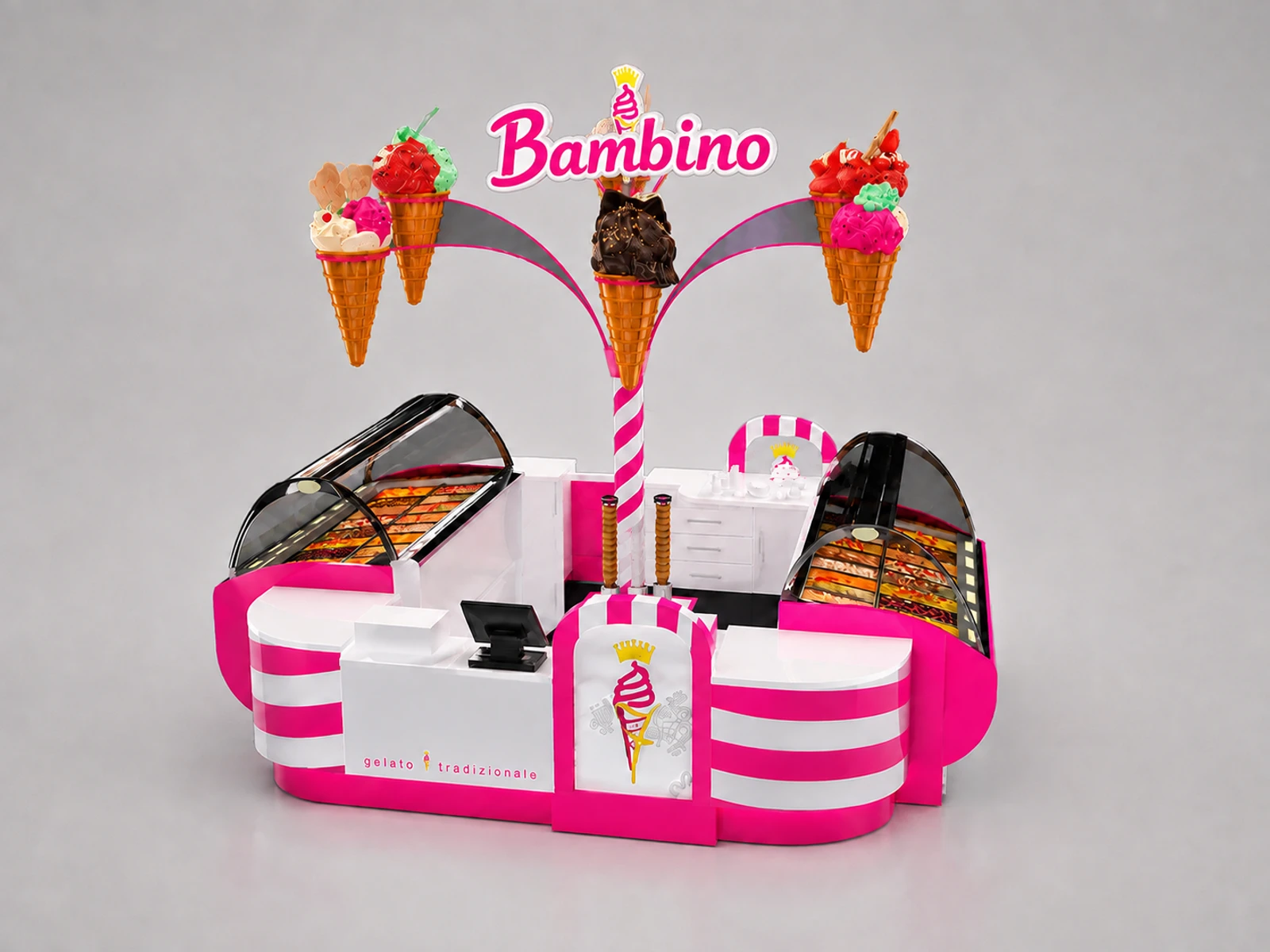2.5m by 2m fancy ice cream display kiosk frozen yogurt booth used in mall — alternate counter perspective