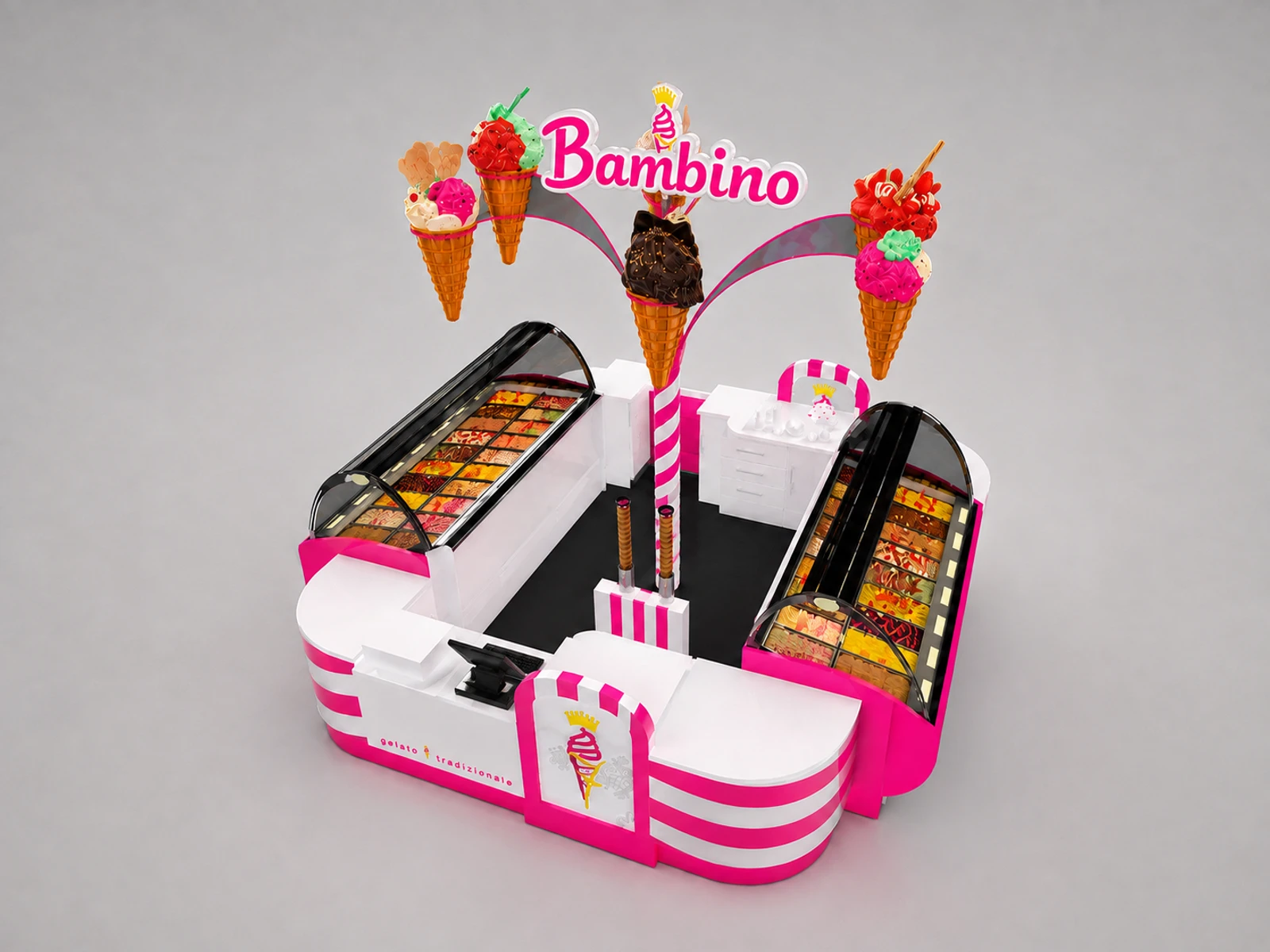 2.5m by 2m fancy ice cream display kiosk frozen yogurt booth used in mall — elevated layout view
