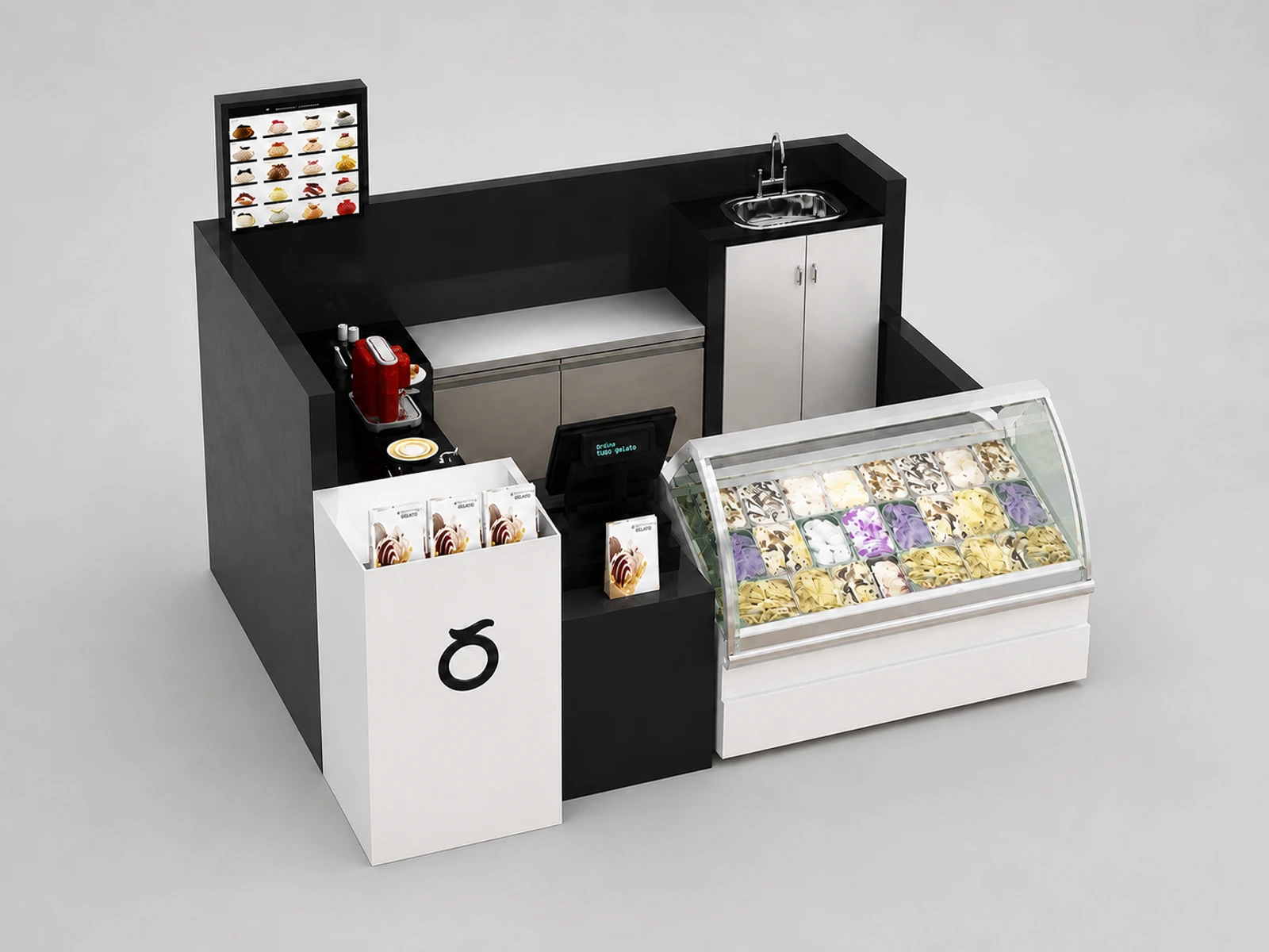 2x2m Simple Ice Cream Display Kiosk Design — alternate counter perspective