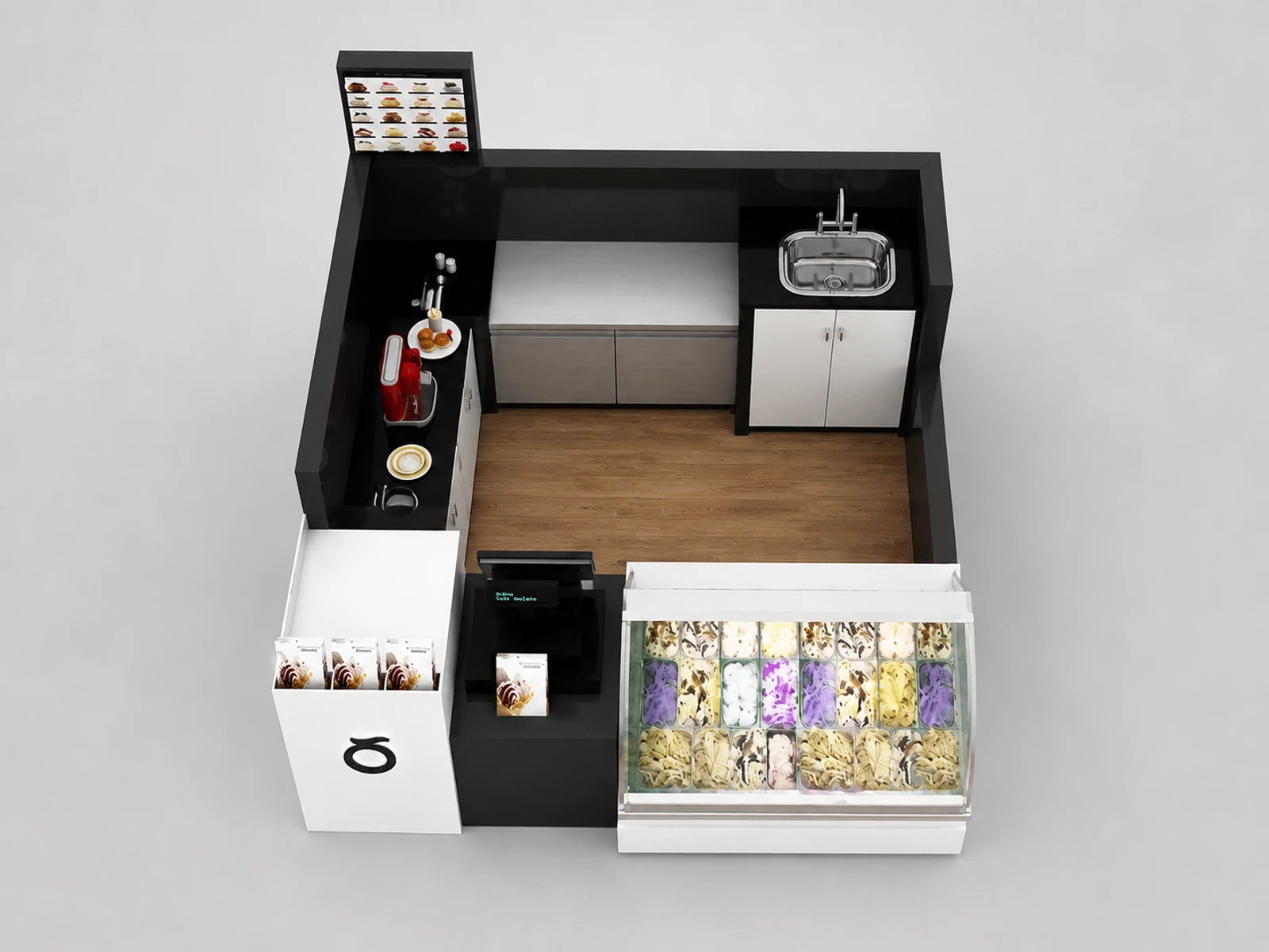 2x2m Simple Ice Cream Display Kiosk Design — elevated layout view