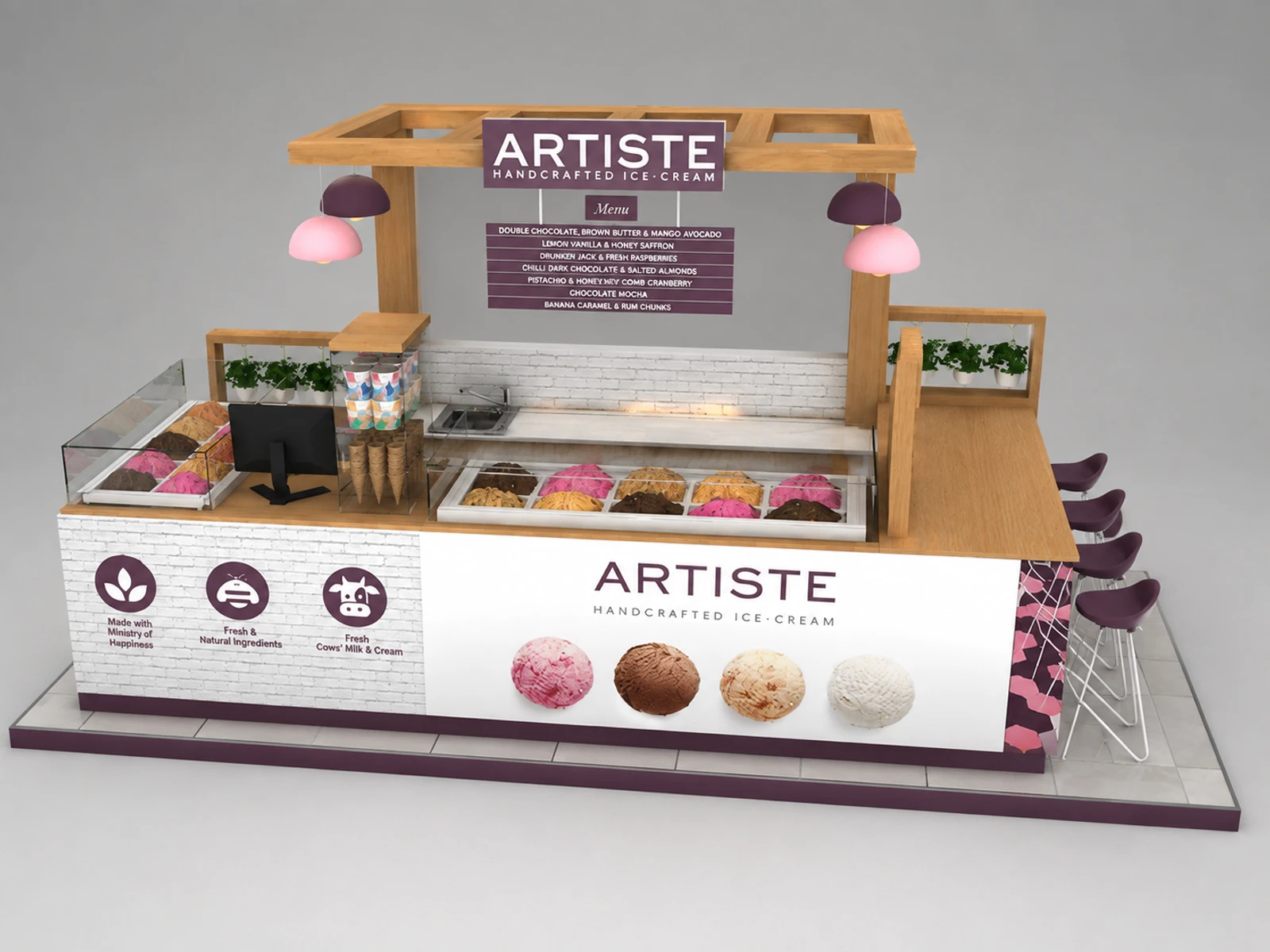 4.5m by 3m fantastic ice cream kiosk wooden gelato display counter for sale — overall kiosk design