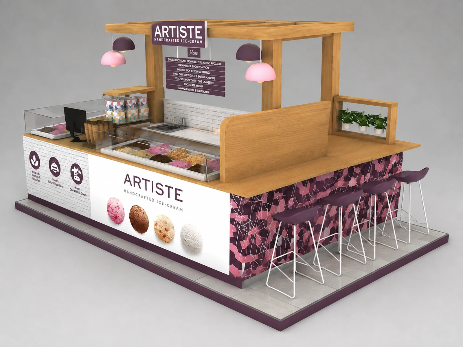 4.5m by 3m fantastic ice cream kiosk wooden gelato display counter for sale — alternate counter perspective