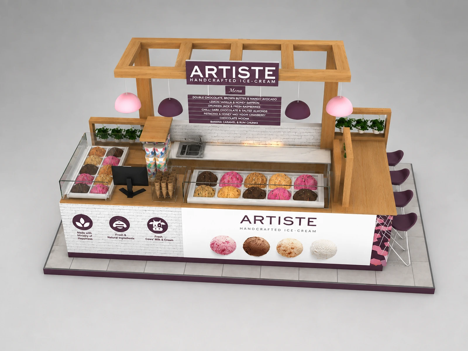 4.5m by 3m fantastic ice cream kiosk wooden gelato display counter for sale — elevated layout view