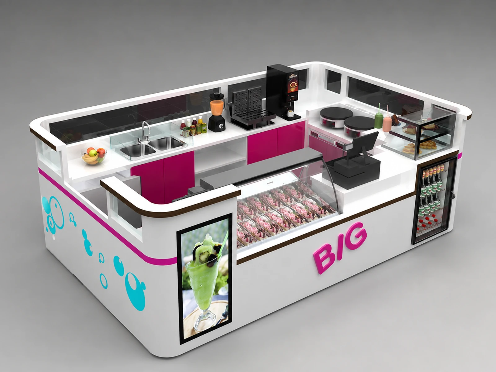 4m by 2.5m soft ice cream kiosk smoothie counter used in mall — overall kiosk design