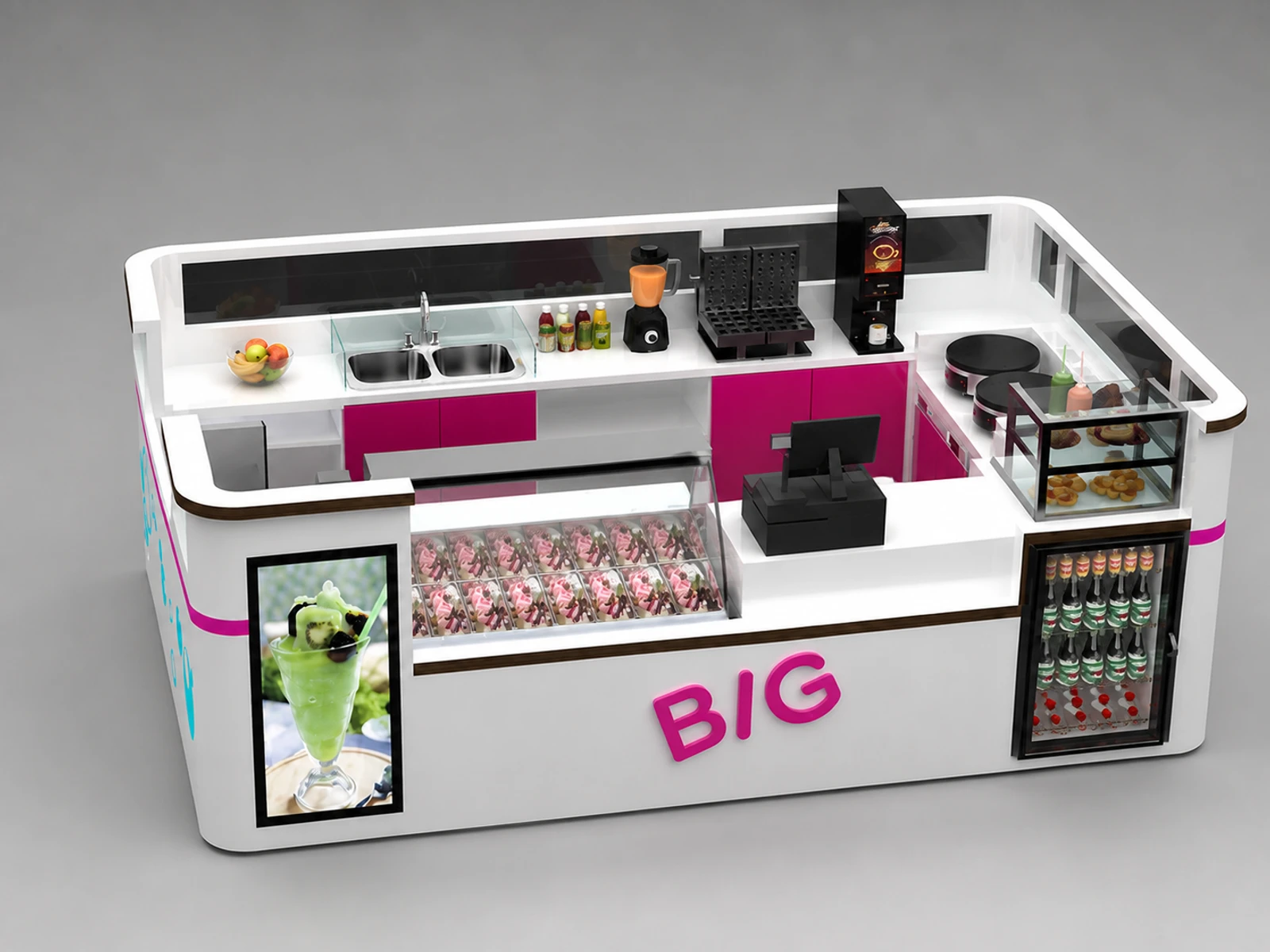 4m by 2.5m soft ice cream kiosk smoothie counter used in mall — alternate counter perspective