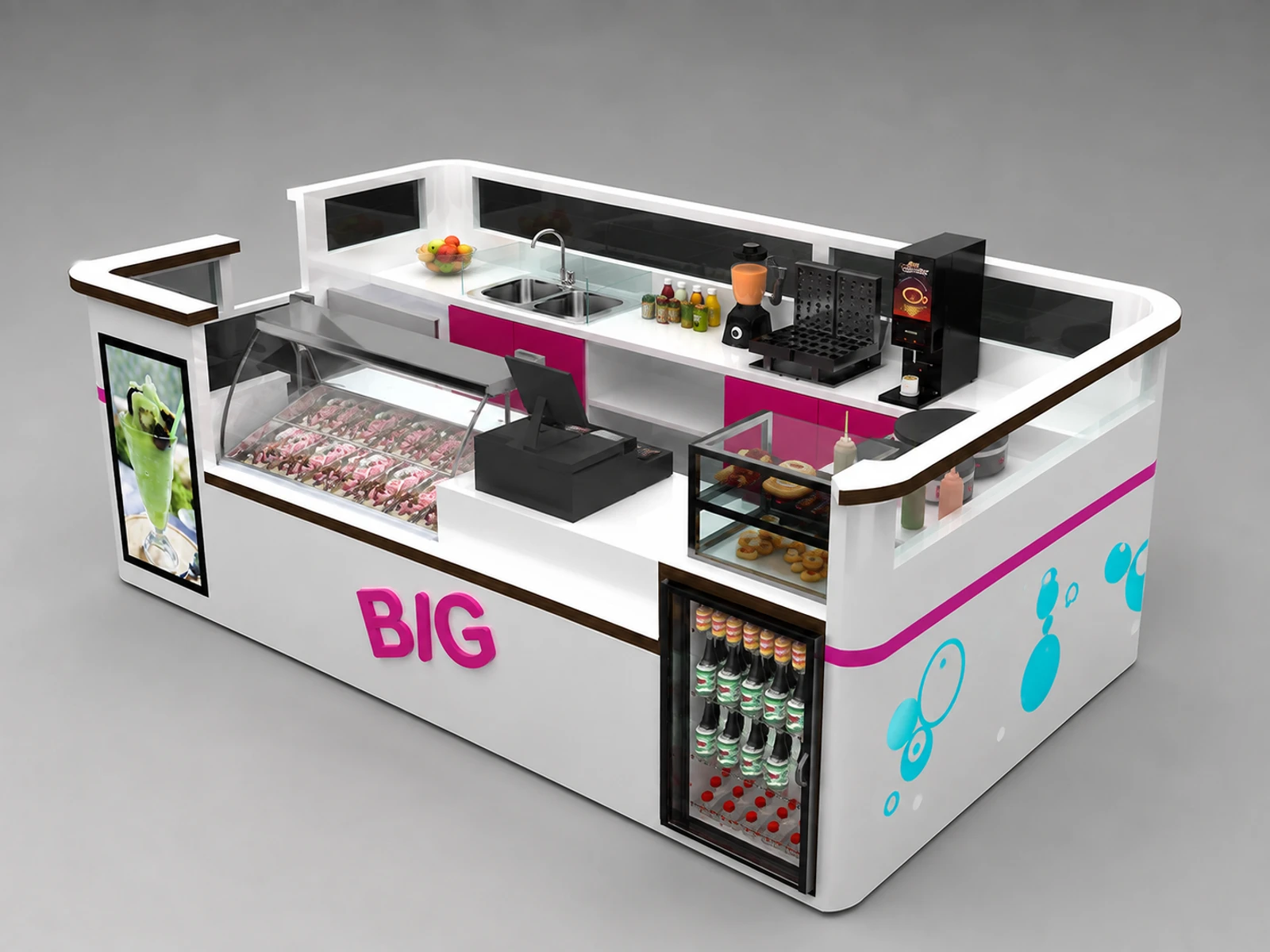 4m by 2.5m soft ice cream kiosk smoothie counter used in mall — additional service-side perspective