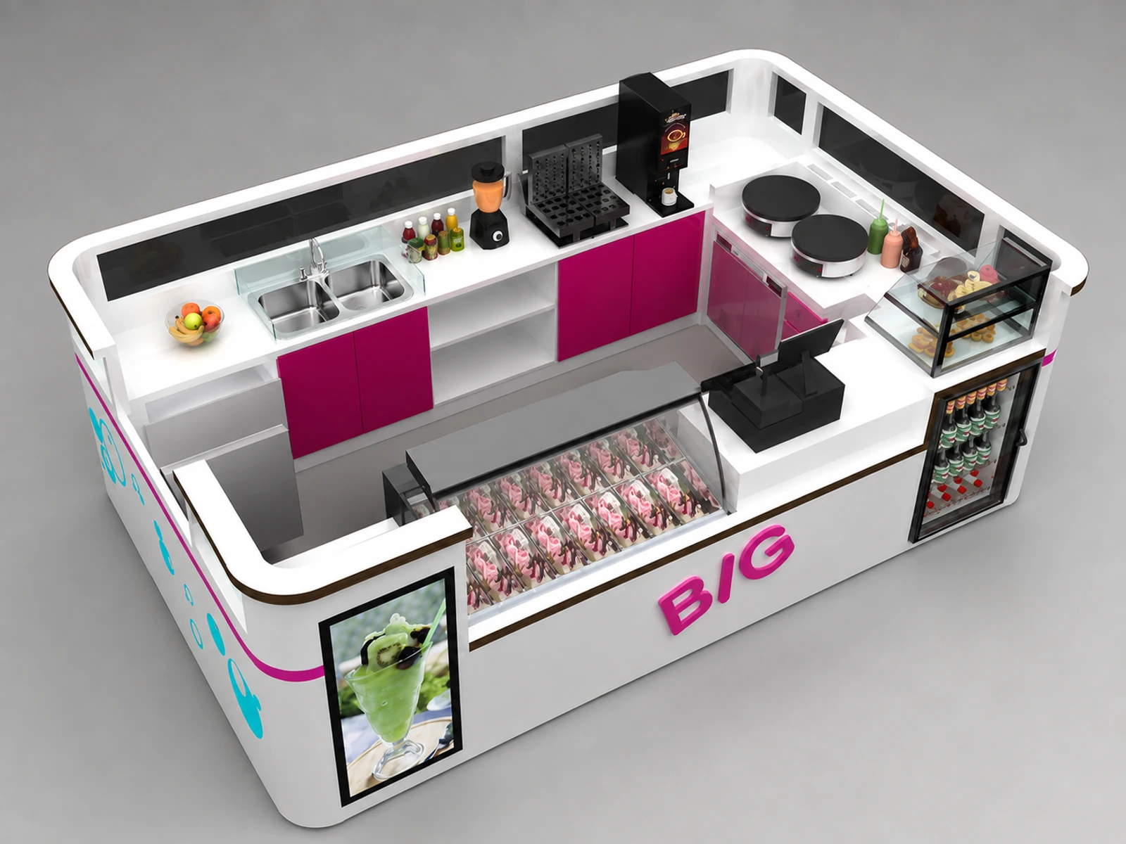 4m by 2.5m soft ice cream kiosk smoothie counter used in mall — elevated layout view