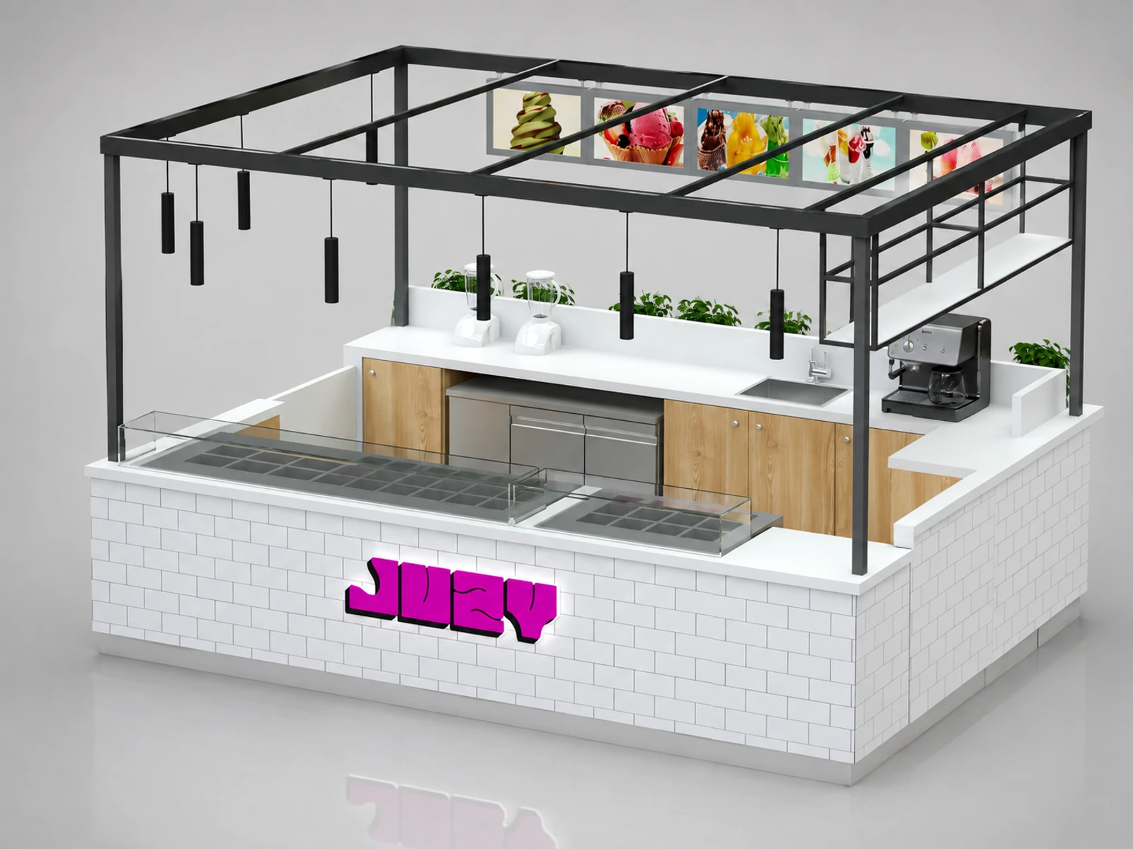 4m by 3m mall smoothie kiosk ice cream sale counter design with factory price — overall kiosk design