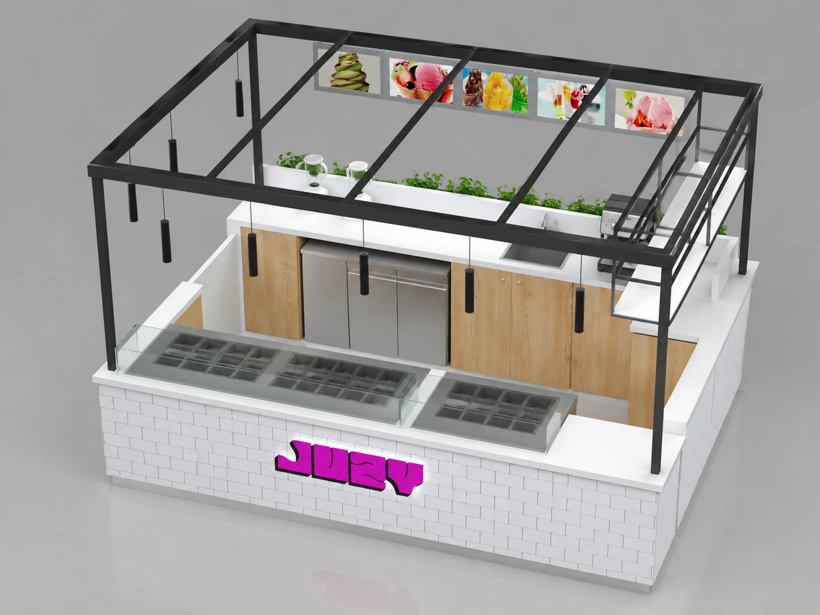 4m by 3m mall smoothie kiosk ice cream sale counter design with factory price — elevated layout view