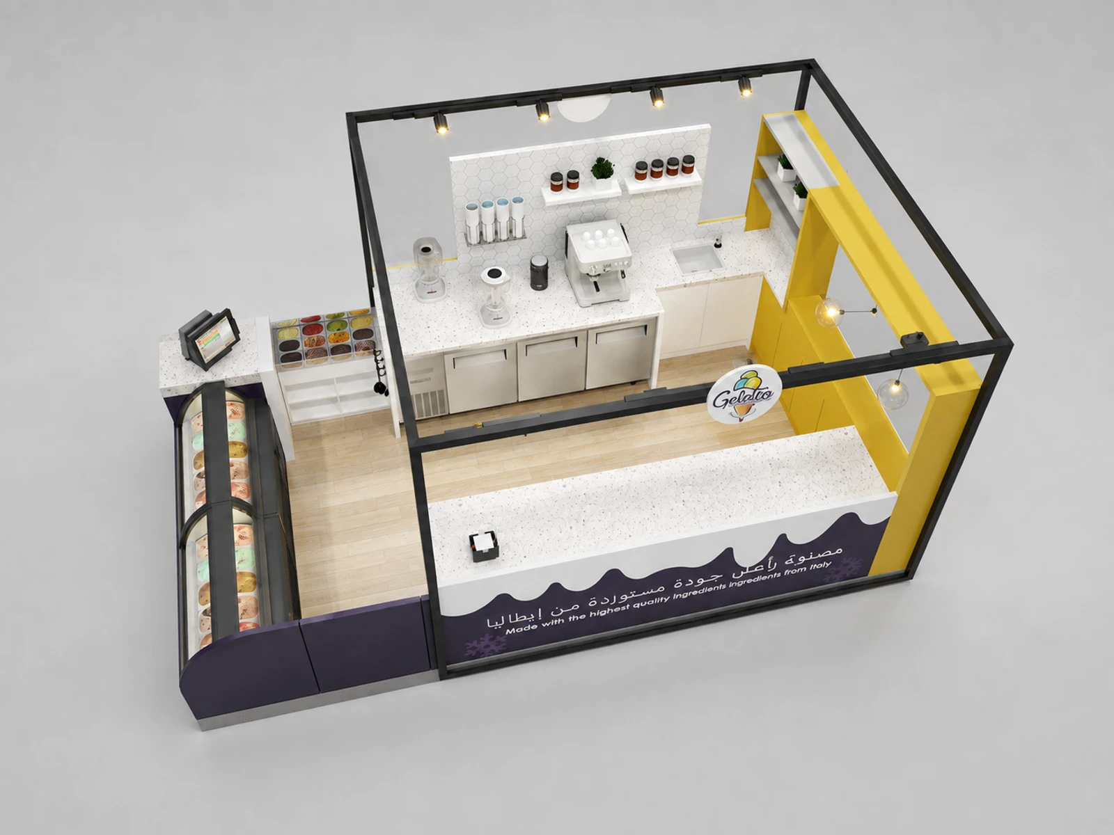5m by 3m functional ice cream booth mall smoothie kiosk with coffee counter for sale — elevated layout view