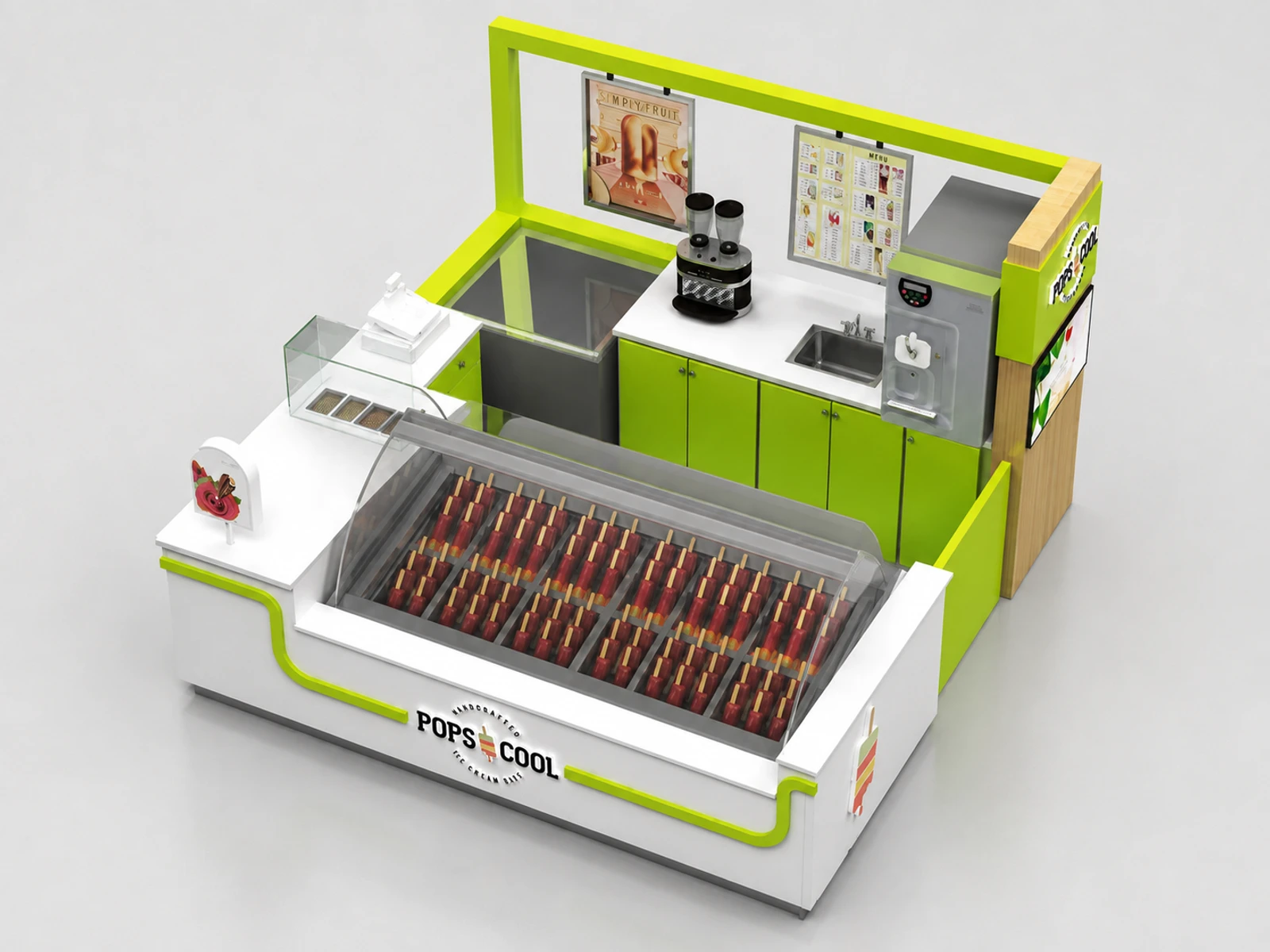 America Popular Design Ice Cream Kiosk | Portable Frozen Food Booth Stand with Glass Showcase for sale — elevated layout view